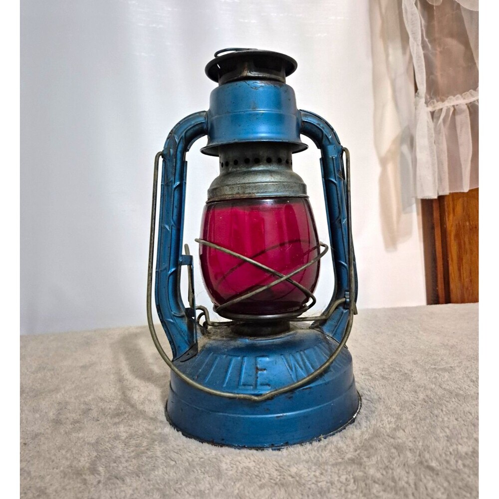 Dietz Oil Lantern Blue Metal Body Red Glass Globe Metal & Glass Construction